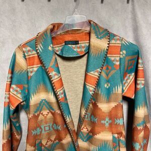 Women Cardigan Jacket M Teal‎ Flannel Aztec Southwestern Open Tribal Belt Shawl